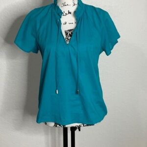 380- INC NWT Teal Short Sleeve Ruffle Collar Boho Top, Size Small.